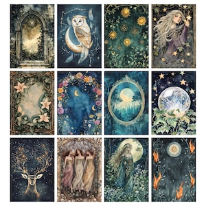 May include: A collection of twelve fantasy art prints. The prints feature mystical themes such as an owl on a crescent moon, a crystal ball, a deer with glowing antlers, and women in flowing gowns. The color palette includes blues, greens, and golds.