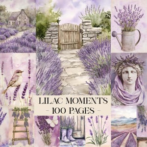 Puede incluir: Un collage de ilustraciones en acuarela con campos de lavanda, un camino de piedra que conduce a una puerta de madera, un pájaro, una estatua y una regadera. El texto "LILAC MOMENTS - 100 PAGES" se muestra en el centro.