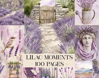May include: A collage of watercolor illustrations featuring lavender fields, a stone path leading to a wooden gate, a bird, a statue, and a watering can. The text "LILAC MOMENTS - 100 PAGES" is displayed in the center.