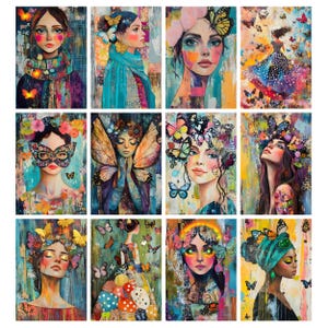 May include: A collection of twelve colorful art prints featuring portraits of women adorned with butterflies. The artwork showcases vibrant colors, floral accents, and expressive faces. Each piece has a unique style, with varying butterfly arrangements and artistic techniques.
