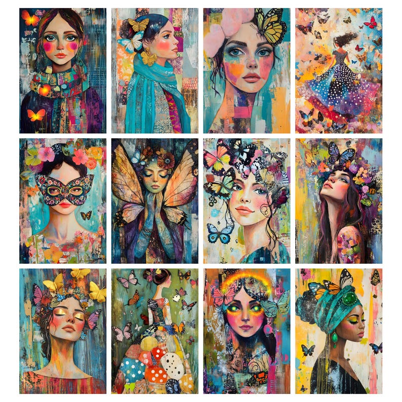 May include: A collection of twelve colorful art prints featuring portraits of women adorned with butterflies. The artwork showcases vibrant colors, floral accents, and expressive faces. Each piece has a unique style, with varying butterfly arrangements and artistic techniques.