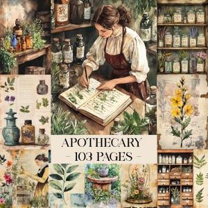 Puede incluir: Ilustración en acuarela de una escena de boticario. Una mujer con blusa blanca y delantal marrón escribe en un libro. La imagen incluye estantes con frascos, botellas y plantas. El texto dice "APOTHECARY - 103 PAGES".