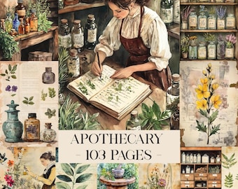 May include: Watercolor illustration of an apothecary scene. A woman in a white blouse and brown apron writes in a book. The image includes shelves of jars, bottles, and plants. Text reads "APOTHECARY - 103 PAGES".