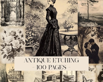 May include: A selection of sepia-toned antique etchings. The images feature a woman in a long dress, a garden scene, roses, a couple, a cat, a house, and butterflies. Text reads "Antique Etching - 100 Pages."
