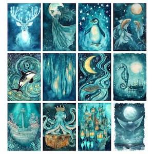 May include: A collection of twelve watercolor paintings with a fantasy theme. Each painting features a different aquatic or celestial subject, including a deer, penguin, seahorse, and octopus, all rendered in shades of blue and teal with a dreamy, ethereal quality.