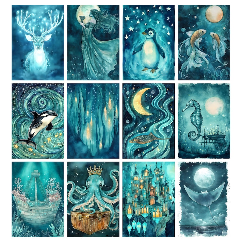 May include: A collection of twelve watercolor paintings with a fantasy theme. Each painting features a different aquatic or celestial subject, including a deer, penguin, seahorse, and octopus, all rendered in shades of blue and teal with a dreamy, ethereal quality.