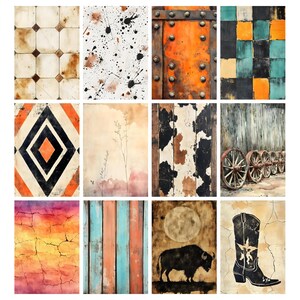 May include: A collection of twelve digital art prints featuring various textures and patterns. The images include a tile floor, paint splatters, a rusty metal door, and geometric designs. Other prints depict wood textures, a bison, and a cowboy boot.