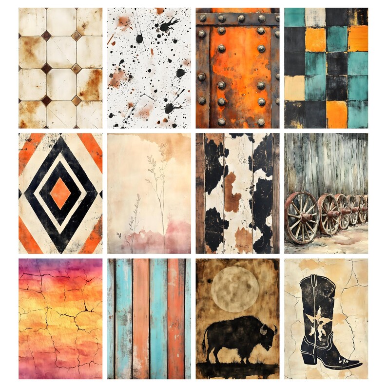 May include: A collection of twelve digital art prints featuring various textures and patterns. The images include a tile floor, paint splatters, a rusty metal door, and geometric designs. Other prints depict wood textures, a bison, and a cowboy boot.