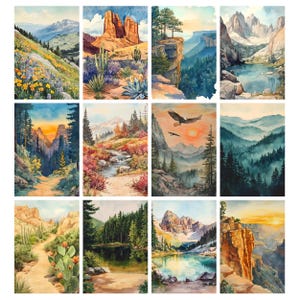 K&ouml;nnte beinhalten: Eine Sammlung von zw&ouml;lf Aquarell-Landschaftsbildern. Die Gem&auml;lde zeigen verschiedene Naturszenen, darunter Berge, W&auml;lder, Canyons und Gew&auml;sser. Die Farbpalette umfasst Gr&uuml;n-, Blau-, Orange- und Gelbt&ouml;ne und erzeugt eine lebendige und malerische Darstellung.
