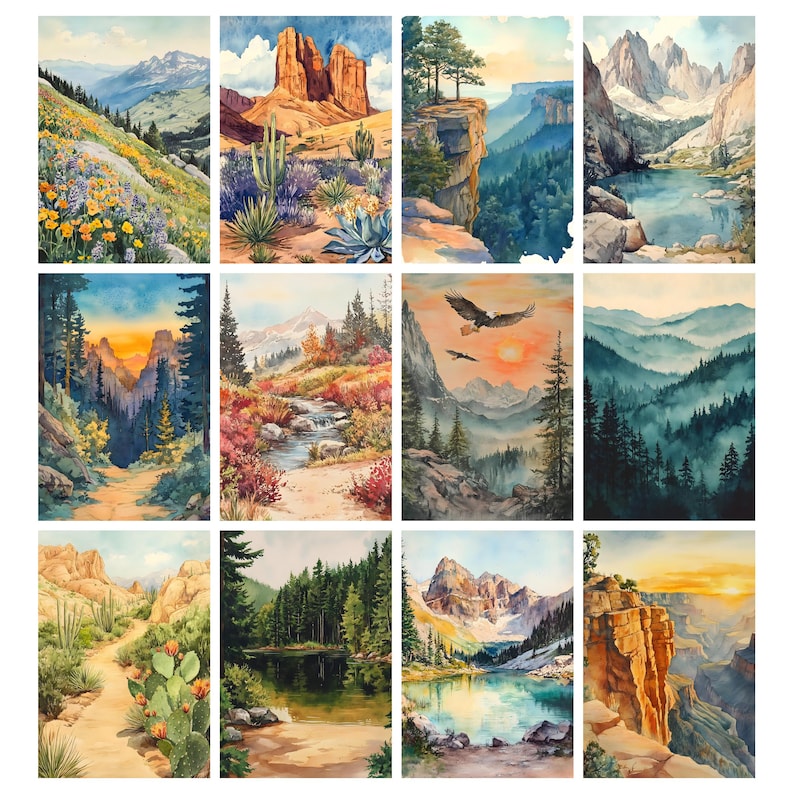K&ouml;nnte beinhalten: Eine Sammlung von zw&ouml;lf Aquarell-Landschaftsbildern. Die Gem&auml;lde zeigen verschiedene Naturszenen, darunter Berge, W&auml;lder, Canyons und Gew&auml;sser. Die Farbpalette umfasst Gr&uuml;n-, Blau-, Orange- und Gelbt&ouml;ne und erzeugt eine lebendige und malerische Darstellung.