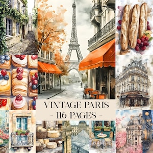 May include: Watercolor collage featuring Parisian scenes, including the Eiffel Tower, cafes, and pastries. The text "VINTAGE PARIS - 116 PAGES" is displayed. The artwork evokes a sense of nostalgia and European charm.