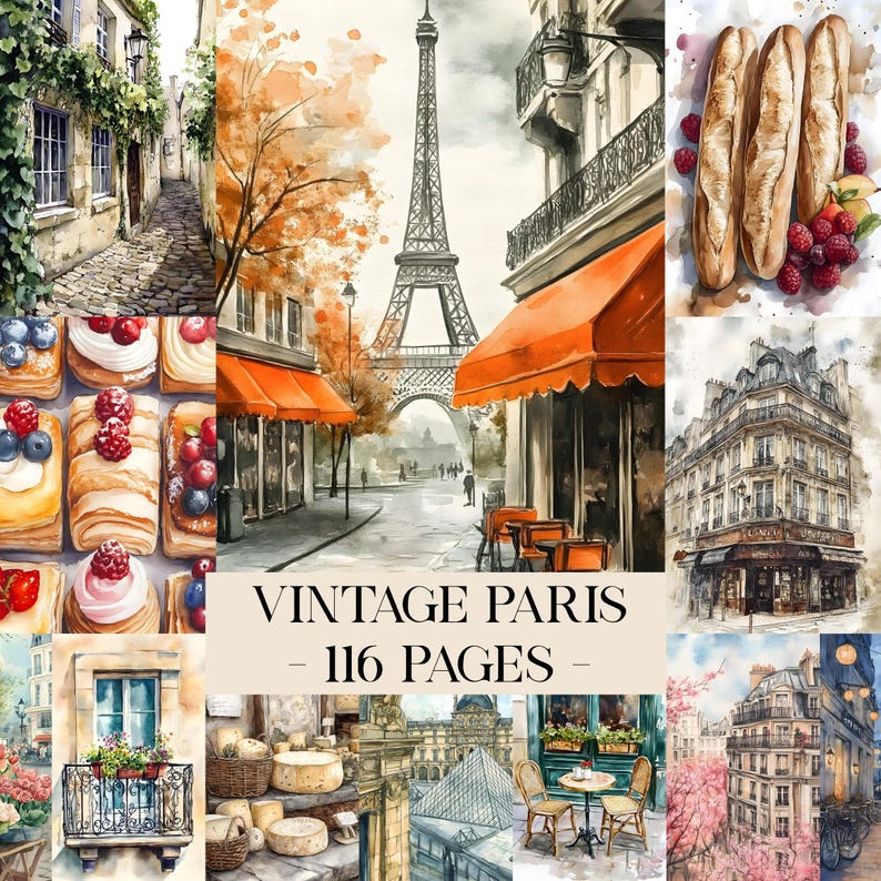 May include: Watercolor collage featuring Parisian scenes, including the Eiffel Tower, cafes, and pastries. The text "VINTAGE PARIS - 116 PAGES" is displayed. The artwork evokes a sense of nostalgia and European charm.