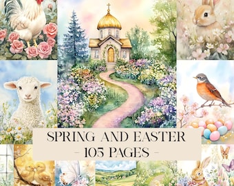 Puede incluir: Un collage de ilustraciones en acuarela con temática de primavera y Pascua. Las imágenes incluyen un gallo, un cordero, una iglesia, un conejo, un pájaro y patitos. El texto "SPRING AND EASTER - 105 PAGES -" se muestra.