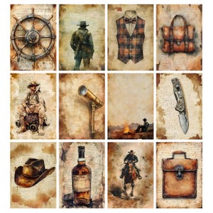 K&ouml;nnte beinhalten: Eine Sammlung von Aquarellillustrationen mit nautischen und Western-Themen. Bilder umfassen ein Steuerrad, einen Cowboy, eine Weste mit Fliege, eine Ledertasche, einen sitzenden Mann, ein Teleskop, ein Lagerfeuer, ein Messer, einen Cowboyhut, eine Flasche Schnaps, einen Cowboy auf einem Pferd und eine Aktentasche.