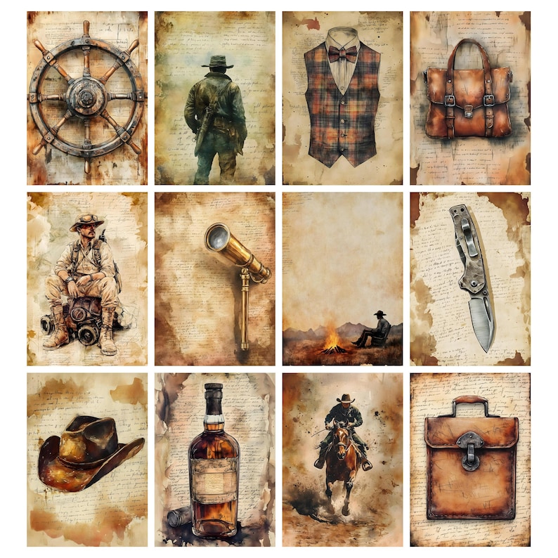 K&ouml;nnte beinhalten: Eine Sammlung von Aquarellillustrationen mit nautischen und Western-Themen. Bilder umfassen ein Steuerrad, einen Cowboy, eine Weste mit Fliege, eine Ledertasche, einen sitzenden Mann, ein Teleskop, ein Lagerfeuer, ein Messer, einen Cowboyhut, eine Flasche Schnaps, einen Cowboy auf einem Pferd und eine Aktentasche.