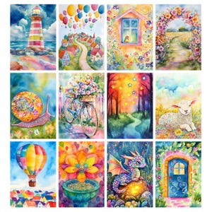 May include: A set of twelve watercolour paintings depicting fantastical scenes. The images include a lighthouse, a village with balloons, a window with a bird, a floral archway, a snail, a bicycle with flowers, a forest, a lamb, a hot air balloon, a flower fountain, a dragon, and a blue door.