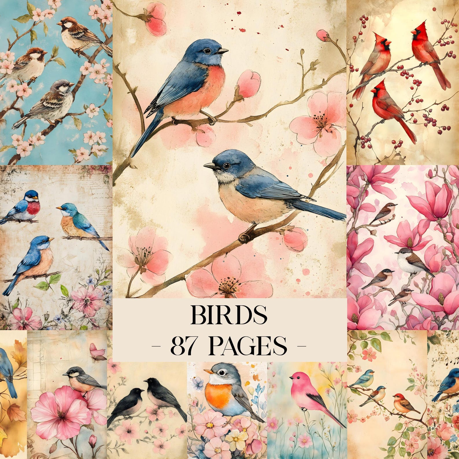 Watercolor Birds Junk Journal Printable Pages, Vintage Birds Junk ...