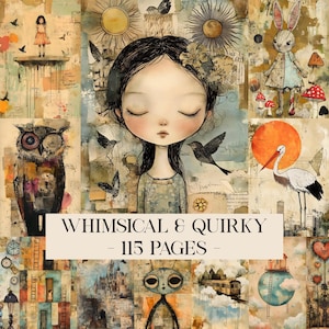 Puede incluir: Un collage de ilustraciones caprichosas con una niña con los ojos cerrados, un búho, un conejo y otros elementos fantásticos. El texto "WHIMSICAL & QUIRKY - 115 PAGES" se muestra en una pancarta beige.