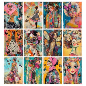 May include: A collection of twelve colorful art prints featuring portraits of women with butterfly and floral motifs. The artwork showcases a vibrant palette of pinks, blues, yellows, and greens. Each piece has a unique style, with some featuring polka dots and patterned clothing.