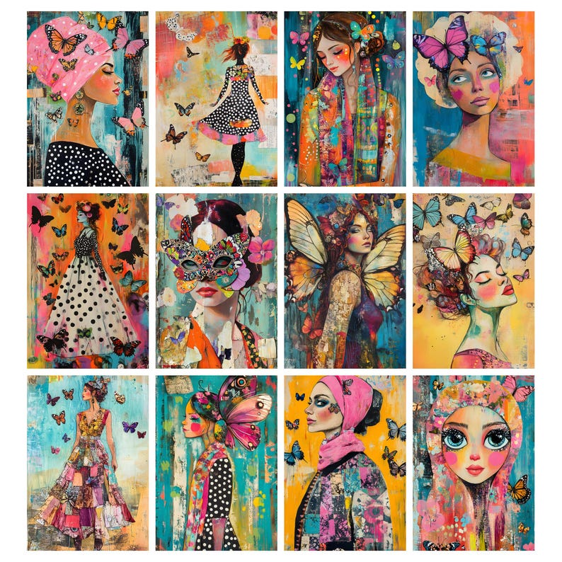 May include: A collection of twelve colorful art prints featuring portraits of women with butterfly and floral motifs. The artwork showcases a vibrant palette of pinks, blues, yellows, and greens. Each piece has a unique style, with some featuring polka dots and patterned clothing.
