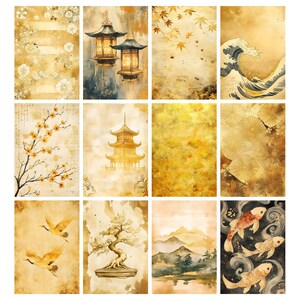May include: A collection of twelve rectangular art prints with a vintage aesthetic. The prints feature various Japanese-inspired watercolor designs, including pagodas, lanterns, cherry blossoms, koi fish, and landscapes. The color palette is dominated by warm tones of gold, brown, and beige.