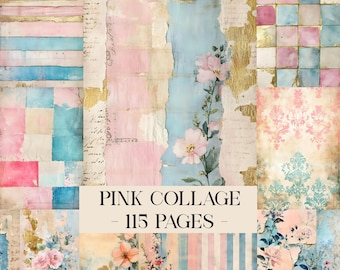 May include: A collage of pink, blue, and gold-toned paper with floral and striped patterns. The text "PINK COLLAGE - 115 PAGES" is displayed in a cream-colored rectangle. The collage features torn edges and watercolor effects.