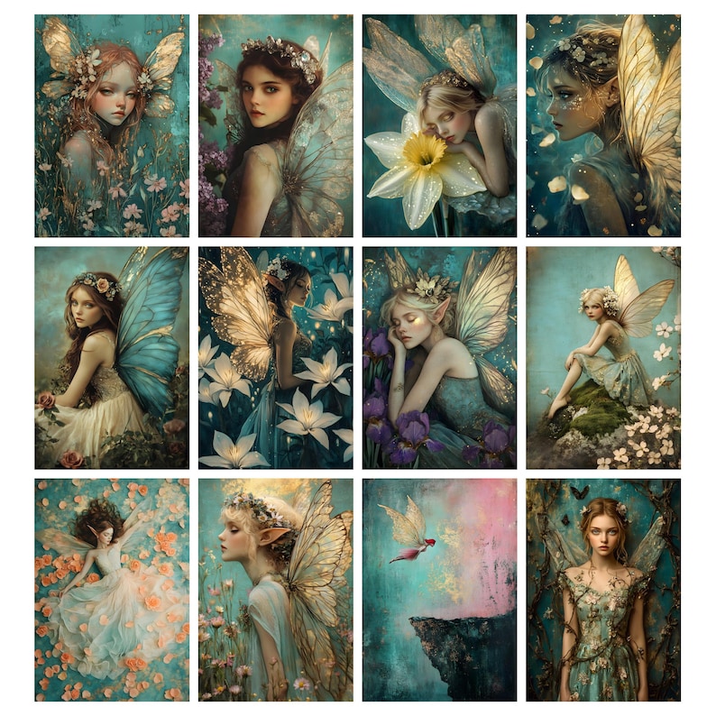 Puede incluir: Una colecci&oacute;n de doce impresiones art&iacute;sticas verticales que presentan retratos de hadas et&eacute;reas. Cada impresi&oacute;n muestra un hada diferente con delicadas alas, detalles florales y una paleta de colores suaves de azules, verdes y dorados. La obra de arte evoca una atm&oacute;sfera caprichosa y encantadora.