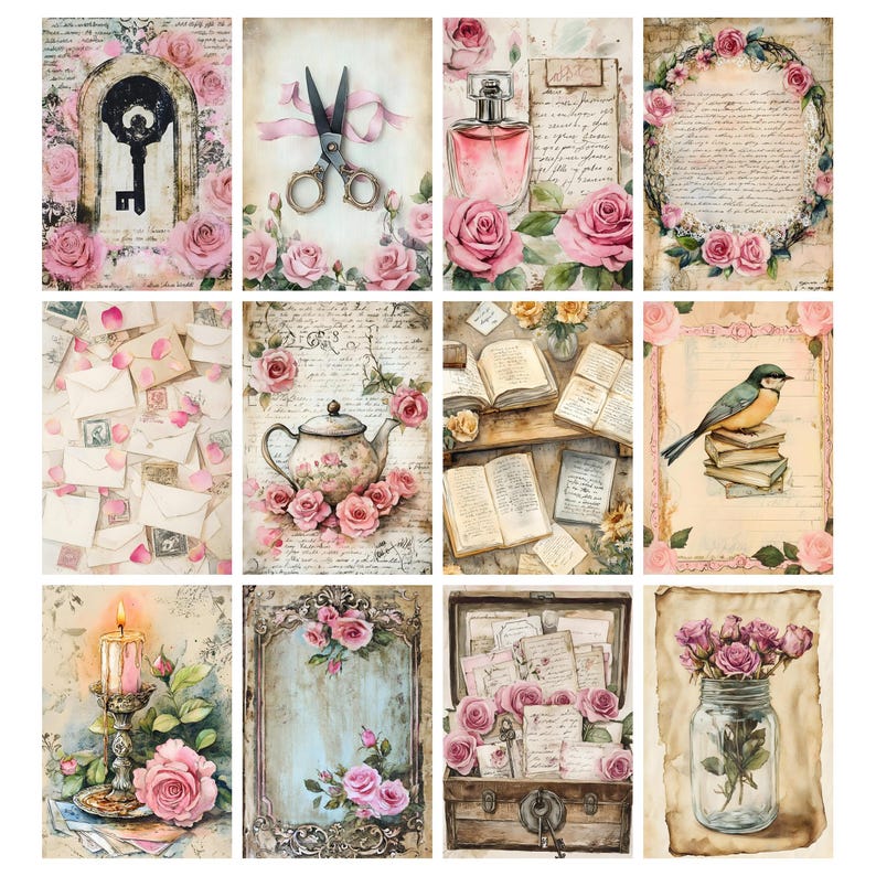 Może przedstawiać: Kolaż dwunastu grafik w stylu vintage. Każda grafika przedstawia inny wz&oacute;r, w tym klucz, nożyczki, butelkę perfum, wieniec kwiatowy, koperty, czajniczek, książki, ptaka, świecę, ozdobną ramę, kufer i słoik r&oacute;ż. Grafiki mają miękką, romantyczną estetykę.