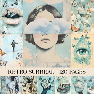 Pagine di diario retrò surreali, collage digitali stampabili, surreali stravaganti, stampabili surreali, collage surreali, natura retrò surreale