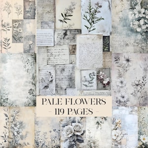 Puede incluir: Un collage de hojas de papel de estilo vintage con ilustraciones florales y escritura manuscrita. La paleta de colores es principalmente tonos apagados de gris, blanco y beige. El texto "PALE FLOWERS - 119 PAGES" se muestra en una pancarta beige.