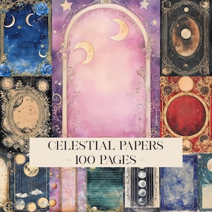 May include: A collection of celestial-themed papers with various designs, including moons, stars, and ornate frames. The papers feature a color palette of blues, purples, and golds. The text "CELESTIAL PAPERS - 100 PAGES" is displayed across the image.