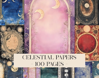 May include: A collection of celestial-themed papers with various designs, including moons, stars, and ornate frames. The papers feature a color palette of blues, purples, and golds. The text "CELESTIAL PAPERS - 100 PAGES" is displayed across the image.