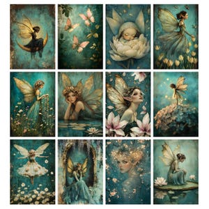 Puede incluir: Una colecci&oacute;n de doce impresiones art&iacute;sticas verticales con ilustraciones de hadas. Cada impresi&oacute;n muestra un hada con alas delicadas, sobre un fondo de flores, lunas y paisajes de ensue&ntilde;o. La paleta de colores incluye verde azulado, dorado y tonos pastel.