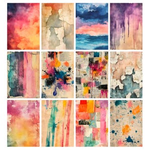 Puede incluir: Una colecci&oacute;n de doce impresiones art&iacute;sticas abstractas. Las impresiones presentan texturas de acuarela, salpicaduras de pintura y efectos de papel envejecido. Los colores incluyen rosa, naranja, azul, morado y amarillo. Algunas impresiones tienen un aspecto envejecido.
