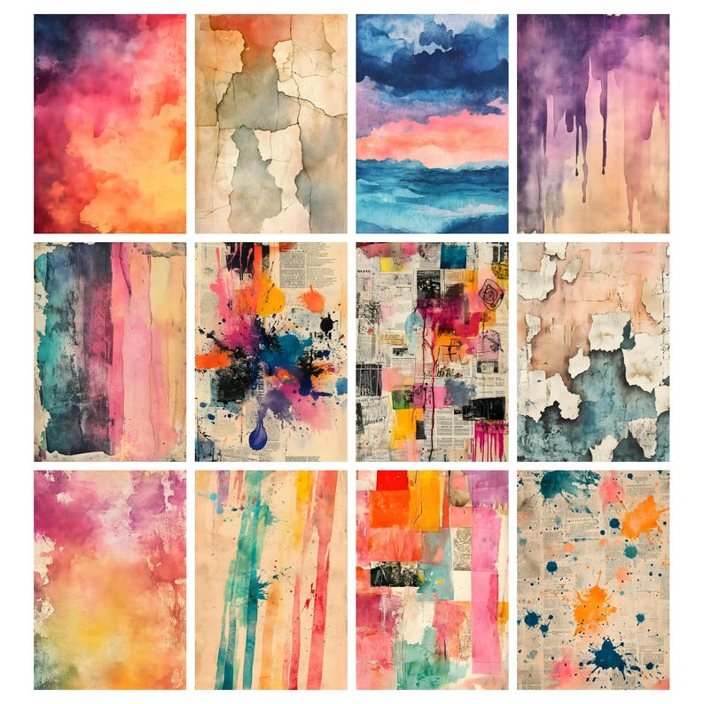 Puede incluir: Una colecci&oacute;n de doce impresiones art&iacute;sticas abstractas. Las impresiones presentan texturas de acuarela, salpicaduras de pintura y efectos de papel envejecido. Los colores incluyen rosa, naranja, azul, morado y amarillo. Algunas impresiones tienen un aspecto envejecido.