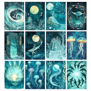 May include: A collection of twelve watercolor art prints featuring underwater and celestial themes. Each print showcases a unique scene with elements like jellyfish, dolphins, a pearl, and a swordfish, all set against a backdrop of deep blues and greens.