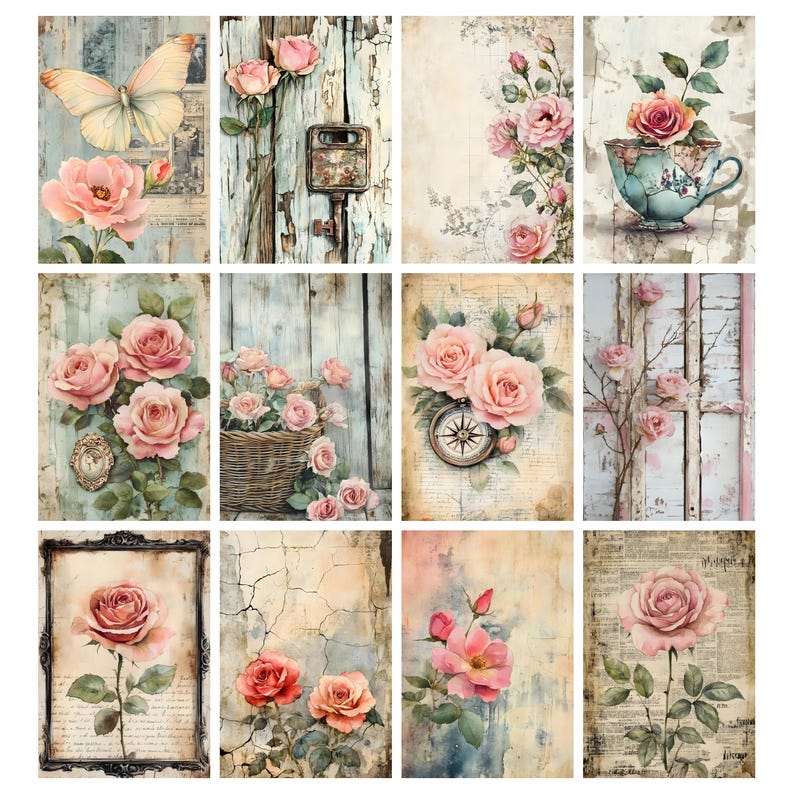 Shabby Chic Roses Junk Journal Kit, Floral Shabby Chic Roses Pages ...
