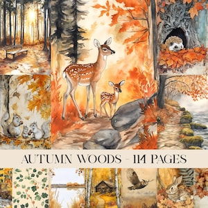 Autumn Woods Digital Junk Journal Pages, Autumn Collage Printable, Woodland Animals In The Fall, Forest Paper, Fall Junk Journal Kit
