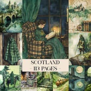 May include: Watercolor collage with a Scottish theme. The image features a woman reading, a castle, a map, and a green plaid cloak. The text "SCOTLAND - 113 PAGES" is displayed in the center.