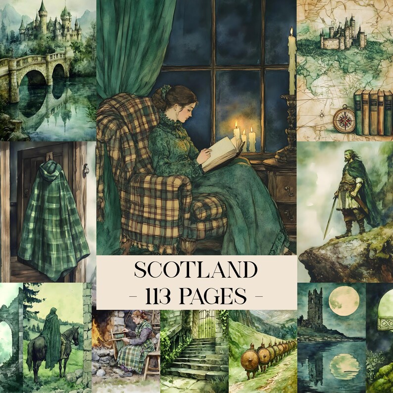 May include: Watercolor collage with a Scottish theme. The image features a woman reading, a castle, a map, and a green plaid cloak. The text "SCOTLAND - 113 PAGES" is displayed in the center.