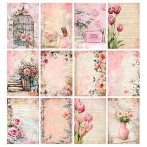May include: A collage of twelve pink and cream-colored paper designs. The designs feature floral arrangements, a birdcage, a girl with a stroller, and a vase of flowers. Some designs have lined paper, and others have a vintage aesthetic.