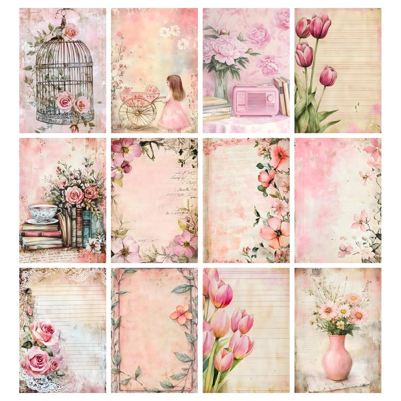 May include: A collage of twelve pink and cream-colored paper designs. The designs feature floral arrangements, a birdcage, a girl with a stroller, and a vase of flowers. Some designs have lined paper, and others have a vintage aesthetic.