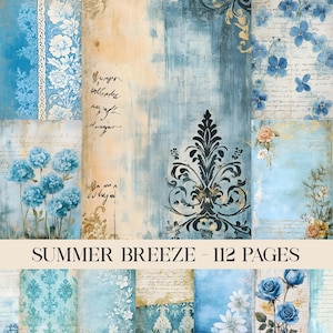 Könnte beinhalten: Eine Collage aus digitalem Scrapbook-Papier mit Vintage-Ästhetik. Die Papiere zeigen florale Muster, Schriftzüge und Aquarellwaschungen in Blau-, Creme- und Goldtönen. Der Text "SUMMER BREEZE - 112 PAGES" wird unten angezeigt.