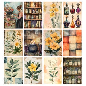 May include: A collection of watercolor art prints featuring botanical illustrations, potion bottles, and a vintage library scene. The color palette includes soft yellows, greens, and browns, with a vintage aesthetic. The prints are suitable for wall decor.