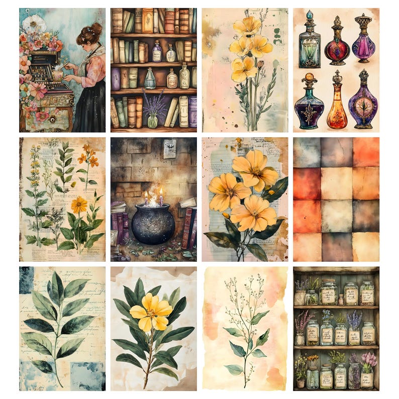 May include: A collection of watercolor art prints featuring botanical illustrations, potion bottles, and a vintage library scene. The color palette includes soft yellows, greens, and browns, with a vintage aesthetic. The prints are suitable for wall decor.