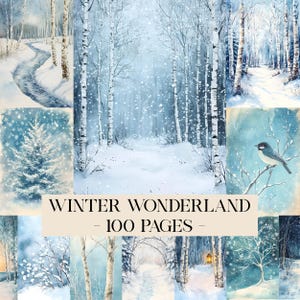May include: A collection of watercolor illustrations depicting a winter wonderland scene. The images feature snowy landscapes, birch trees, a snow-covered path, and a small bird. The text "WINTER WONDERLAND - 100 PAGES -" is displayed.