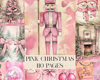 Könnte beinhalten: Eine Collage von rosa Weihnachtsbildern. Enthält einen rosa Nussknacker, Weihnachtsbaum, Schneemänner, Schneekugel, Kamin, Geschenkboxen, Ornamente und einen Schlitten. Der Text lautet "PINK CHRISTMAS - 110 PAGES".