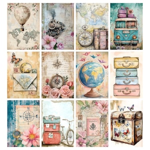 May include: A collection of watercolor illustrations featuring travel-themed imagery. The images include a hot air balloon, a train, a pocket watch, a vintage van, stacked suitcases, a globe, a compass, a bicycle, and a treasure chest, all with a vintage aesthetic.