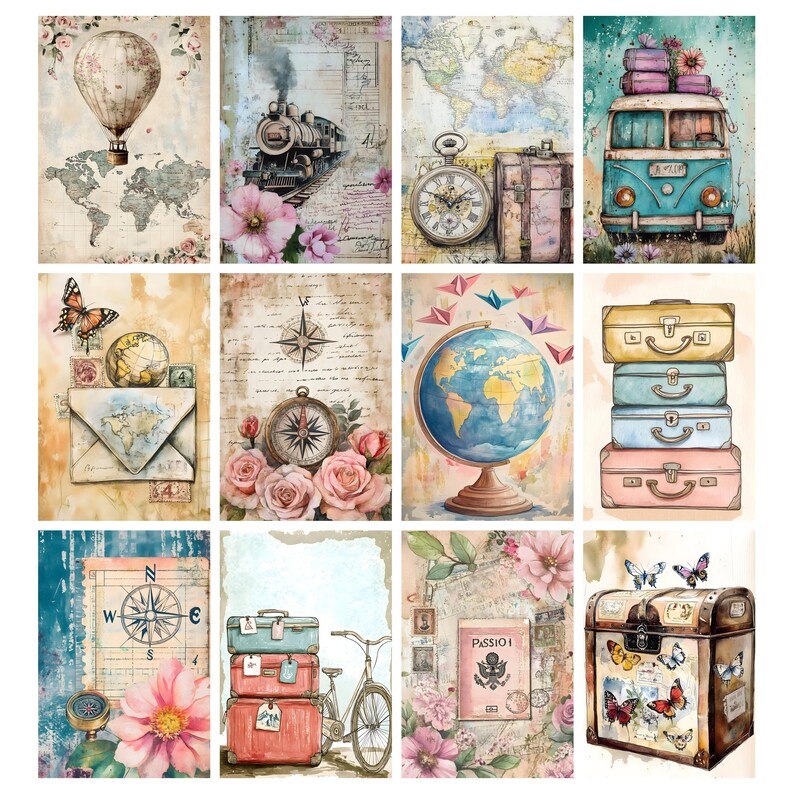 May include: A collection of watercolor illustrations featuring travel-themed imagery. The images include a hot air balloon, a train, a pocket watch, a vintage van, stacked suitcases, a globe, a compass, a bicycle, and a treasure chest, all with a vintage aesthetic.