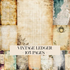 Op de afbeelding: Een collage van vintage registerpagina's met verouderde papiertexturen en handgeschreven notities. De pagina's bevatten rasterlijnen, bloemaccenten en een verscheidenheid aan stijlen van verouderd papier. De tekst "VINTAGE LEDGER - 105 PAGES" wordt weergegeven.